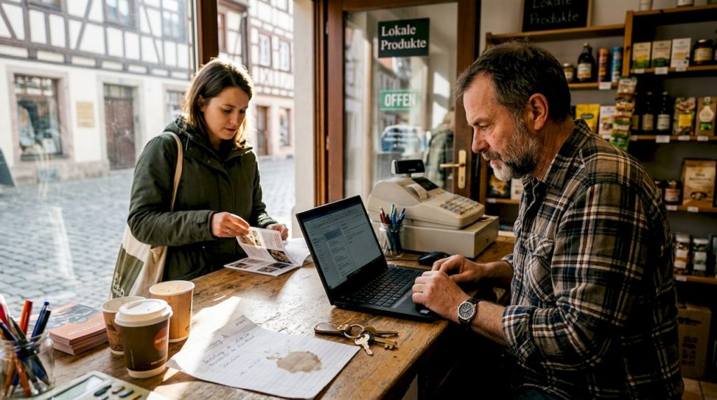 Ein lokaler Geschäftsinhaber im Gespräch mit einem Kunden am Tresen