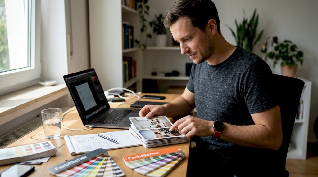 Im heimischen Büro feilt der Grafikdesigner an einem neuen Moodboard.